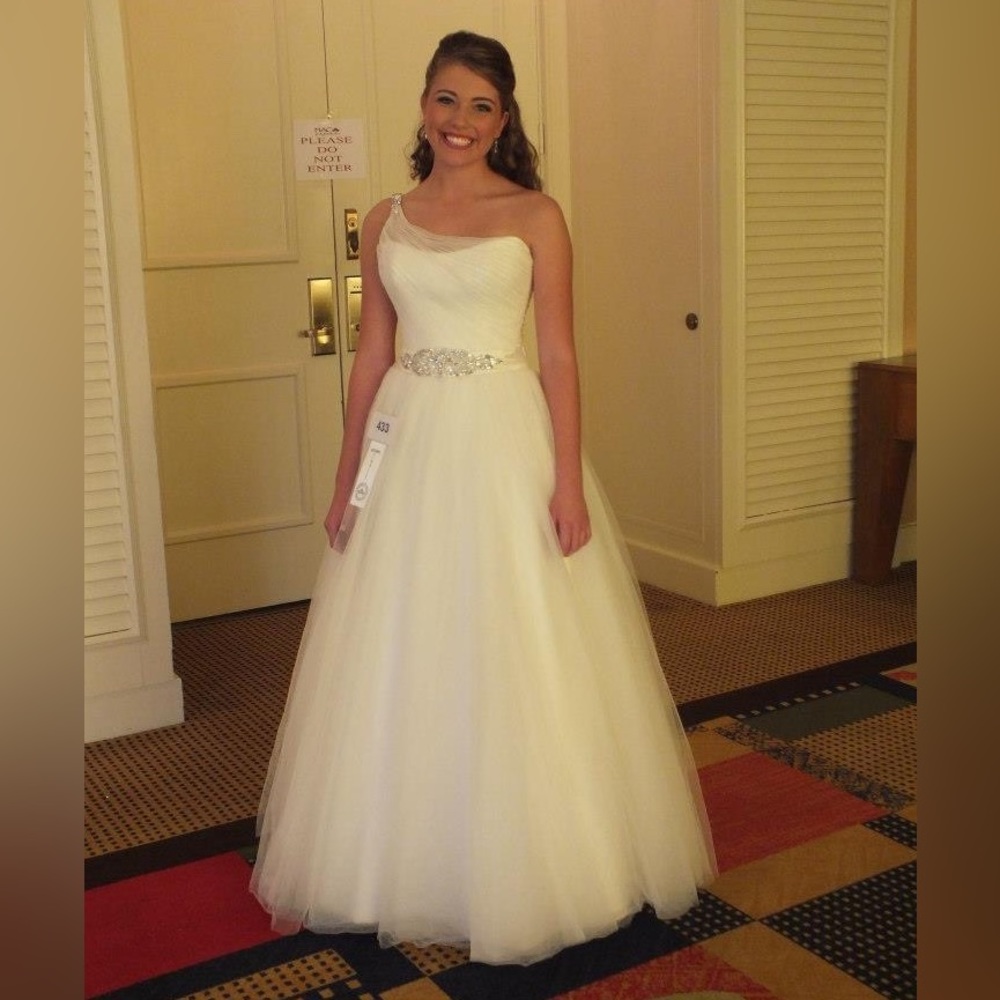 One shoulder ruffle ball gown silver detail wedding dress